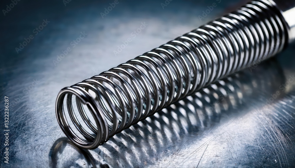 Poster coiled metal spring on metallic surface closeup view of intricate textures and shapes in a minimalis