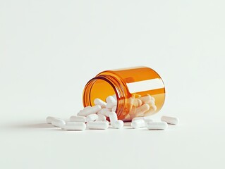 Amber jar of white pills spilled