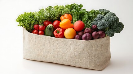 A simple tote bag full of seasonal fruits and vegetables against a white background promoting healthy eating habits