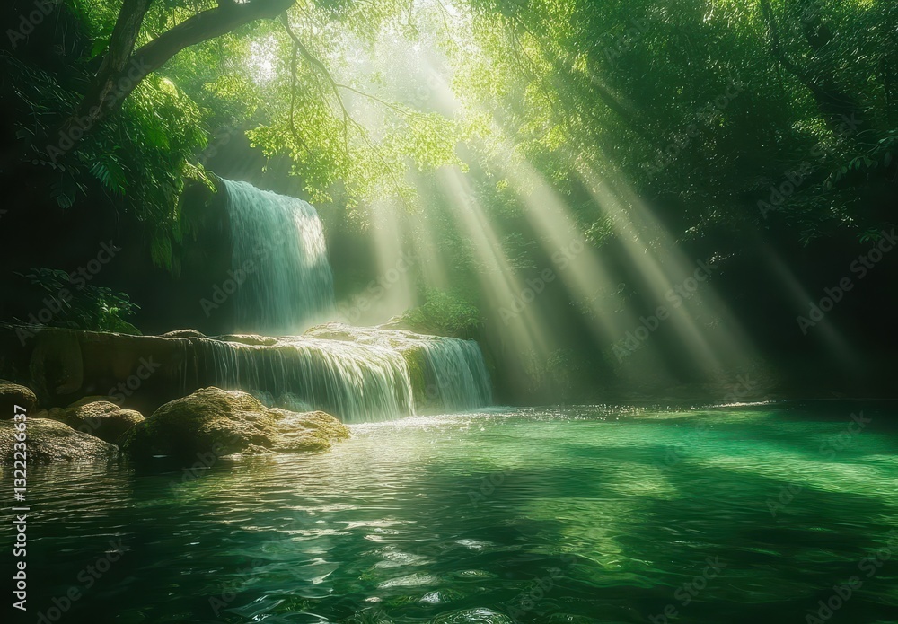 Poster serene waterfall cascading into tranquil pool surrounded by lush greenery and sunlight filtering thr