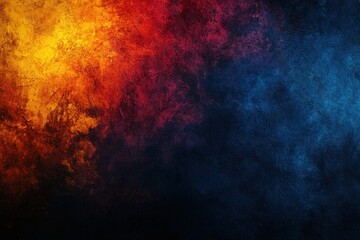 Fototapeta premium Dark grainy background with red yellow and blue vibrant color gradient shapes on black noise texture for banner and cover