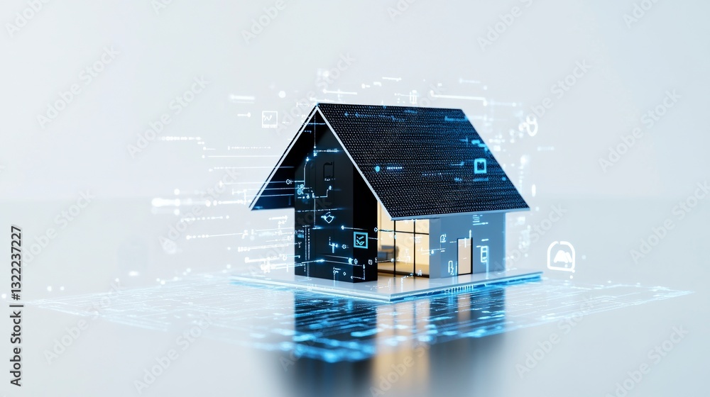 Aufkleber modern black and white house model with glowing digital data streams surrounding it, reflecting on a