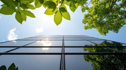 Low angle view of a modern glass building reflected in lush green trees against a bright blue sky, sunlight gleaming off the glass facade