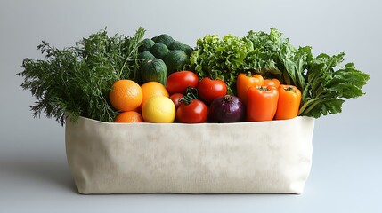 A tote bag with a variety of fresh produce like fruits and vegetables on a simple white background showcasing health-conscious food
