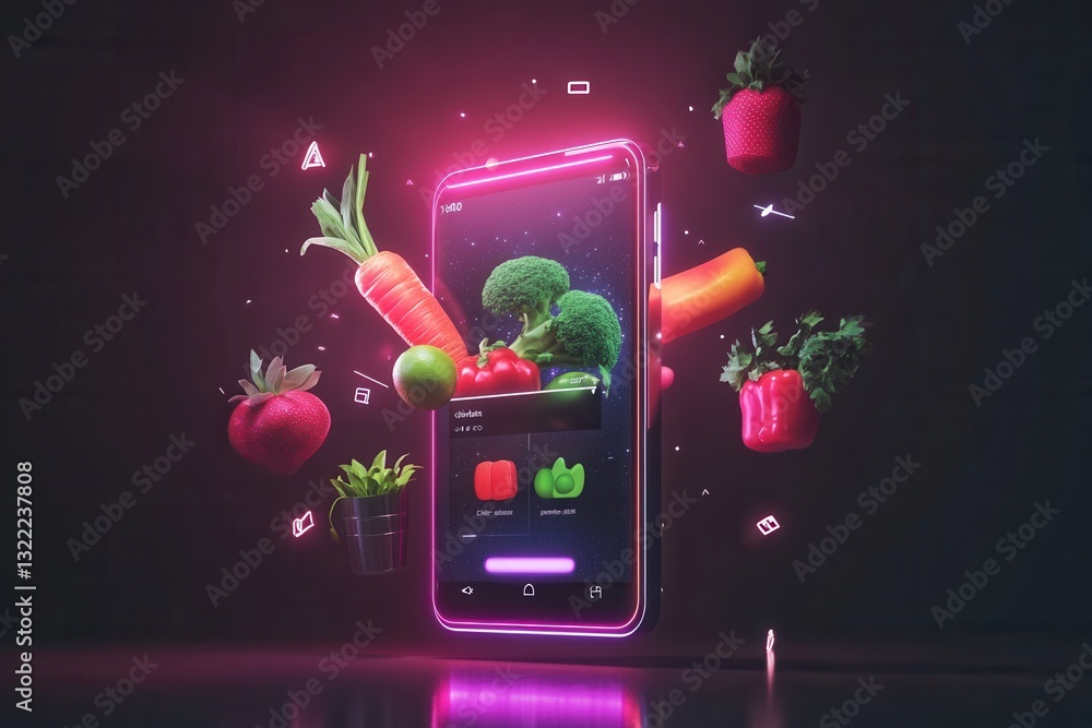 Aufkleber explore a futuristic grocery shopping app with floating vegetables and fruits on a giant smartphone 