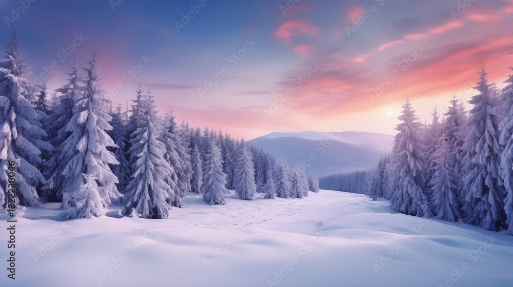 Poster a snowy forest with a path through it