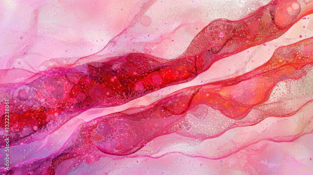 Poster bright hues of pink and red blend together in an abstract representation, showcasing flowing lines a