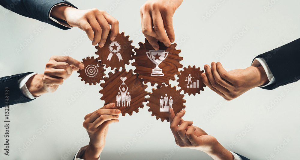 Poster diverse hands unite to hold cogs displaying symbols of growth and achievement, emphasizing teamwork 