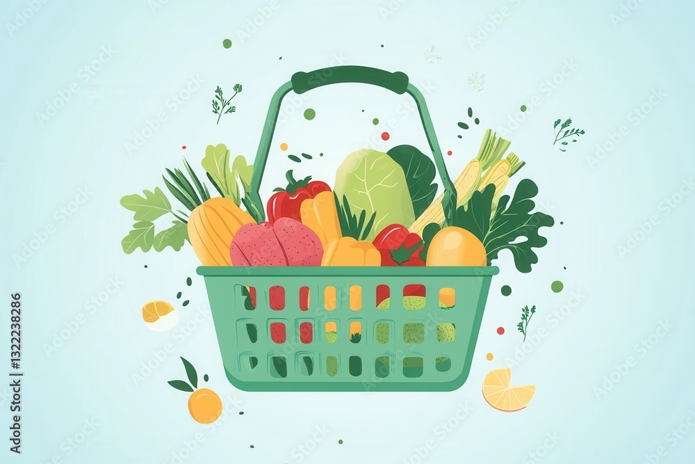 Poster Fresh fruits and vegetables in a green shopping basket on a soft pastel background create a minimalistic and inviting illustration