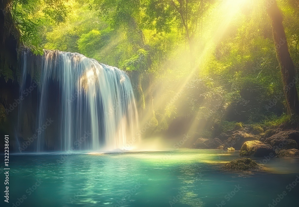 Poster serene waterfall with lush green surroundings and sunlight filtering through trees in a tranquil nat