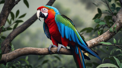 Obraz premium Colorful Macaw Perched on a Branch in a Lush Forest