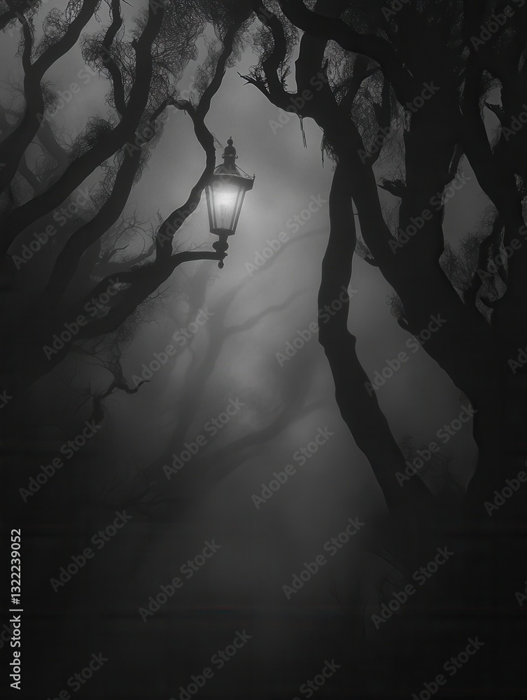 Poster eerie fog in a dark forest with twisted trees and a glowing street lamp creating a suspenseful atmos
