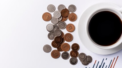 Obraz premium Overhead shot of coffee cup, coins, and financial charts on white background. Image depicts financial planning or business concepts