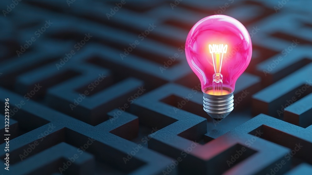 Poster glowing pink lightbulb in a dark gray maze. concept of problem solving and innovation. 3d render