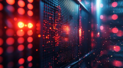 Grid with red glows and bokeh lights; blue hues near center creates depth