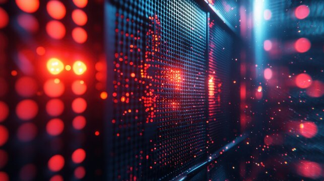 Grid with red glows and bokeh lights; blue hues near center creates depth - Powered by Adobe