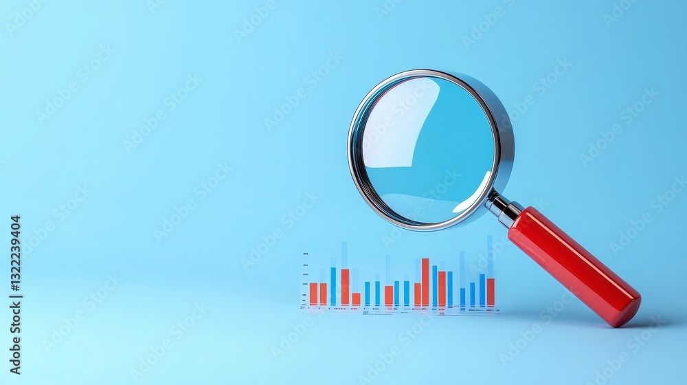 Poster red magnifying glass over a row of pixelated blue and red bar graph elements on a light blue backgro