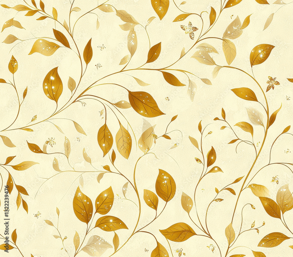 Poster elegant golden vines and leaves create beautiful repeating pattern, seamless pattern style.