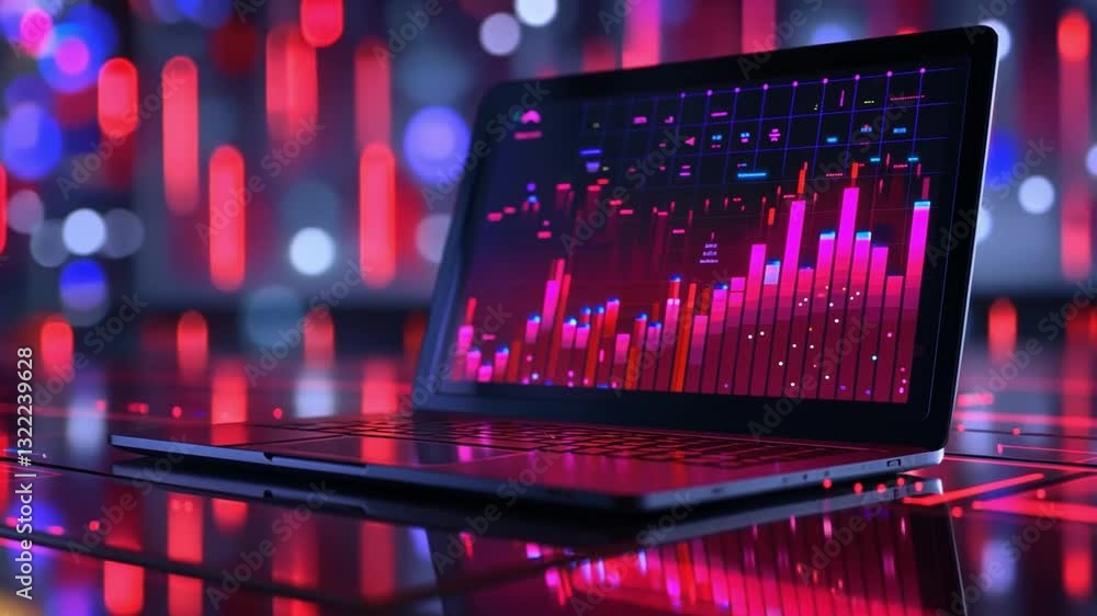Poster futuristic laptop displaying dynamic data visualizations with red and pink graphs on screen amidst n