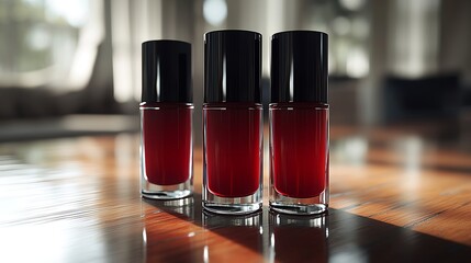 Red nail polish bottles on wooden table