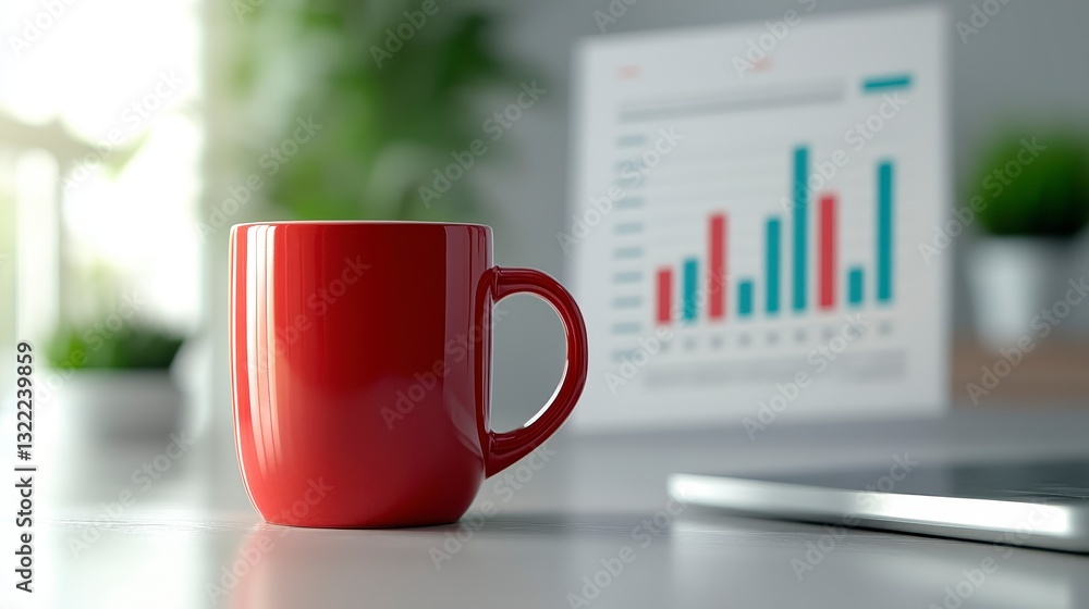 Poster red mug on white table with blurred background of bar chart and laptop. soft natural light. modern w