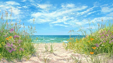A serene beach view showcases a blend of colorful wildflowers growing among the soft sand. The clear blue ocean stretches into the horizon under a bright sky