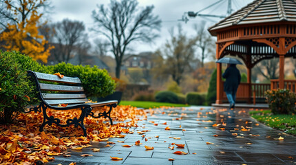 A Rain-Kissed Pathway Through a Canopy of Golden Leaves in a Serene Park.