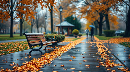 A Rain-Kissed Pathway Through a Canopy of Golden Leaves in a Serene Park.
