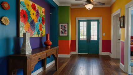 Unique entryway to home with very colorful interior. Unique and very colorful interior to American home.