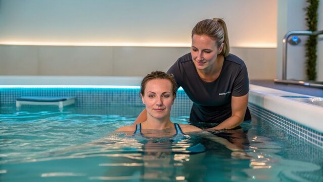 Physical therapy improves mobility and supports joint health. Therapeutic swim session with instructor and participant in a pool.