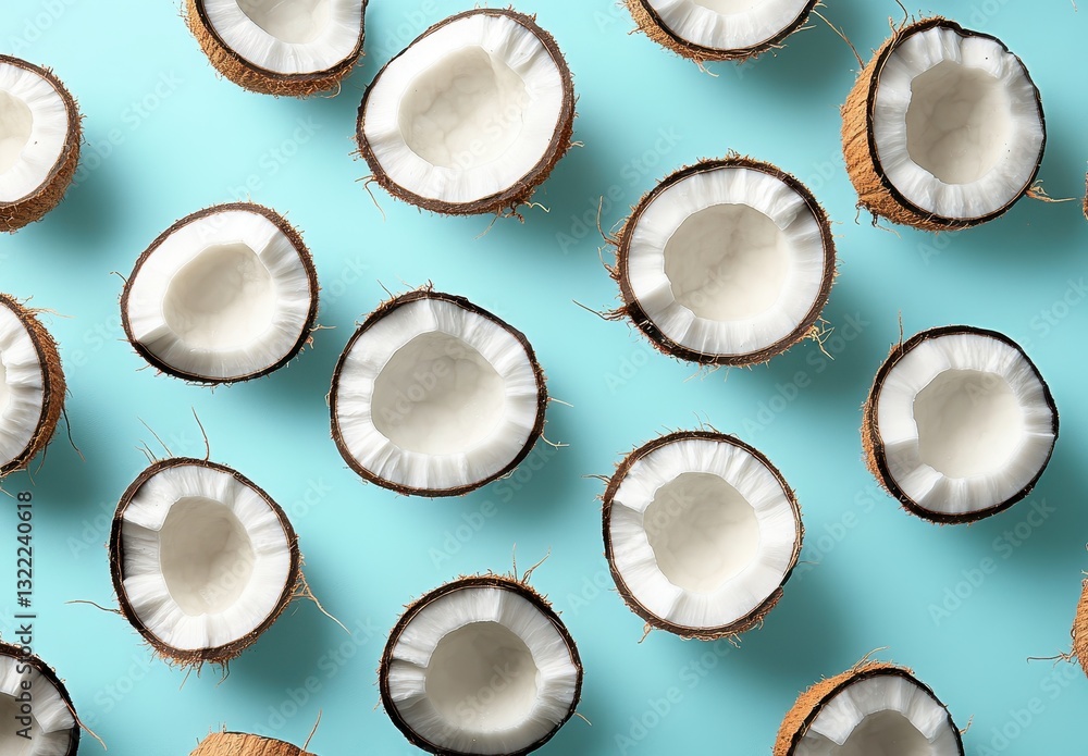 Poster sliced coconut halves on blue background showing texture and freshness in a flat lay composition for