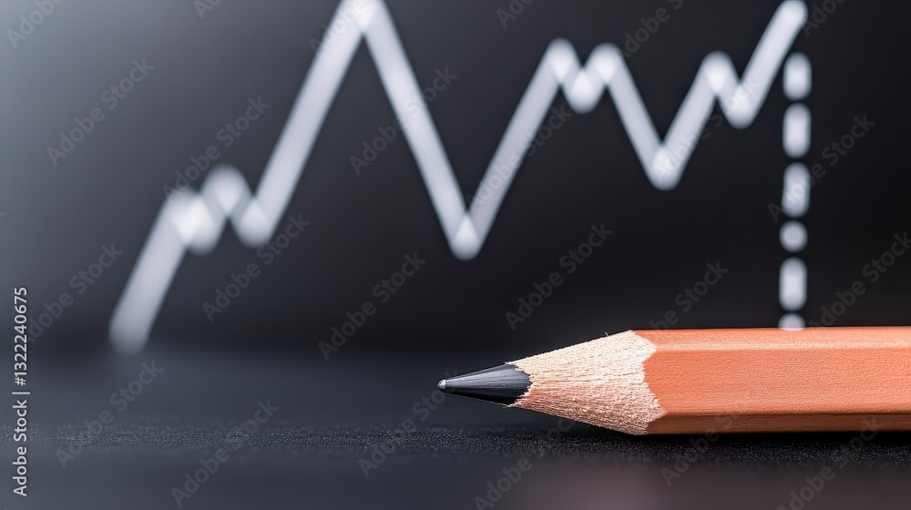 Aufkleber close up of a sharpened pencil on a dark surface with a blurred background of a white line graph, su