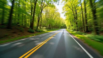 car on the road in the spring forest. speed motion blur effect