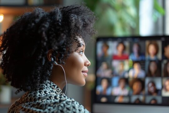 College student actively engaging in a virtual seminar with classmates on a video call from her home study space