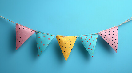 Colorful bunting garland featuring pink, blue, and yellow flags with polka dots decorates a wall. This vibrant display is perfect for celebrations and creating a joyful ambiance at any gathering