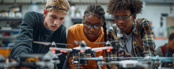 Diverse high school students collaboratively building a drone in a technology lab during an educational workshop