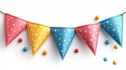 Obraz premium Bright and cheerful bunting garland features triangle-shaped flags in vibrant colors and playful polka dots, ideal for decorating parties, birthdays, and festive gatherings