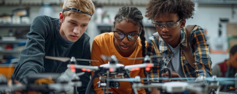 Diverse high school students collaboratively building a drone in a technology lab during an educational workshop