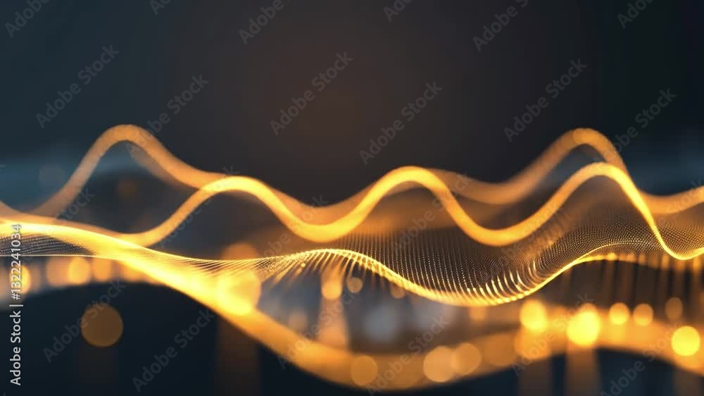 Poster dynamic abstract vdo of glowing golden waves and bokeh lights creating movement and energy dark back