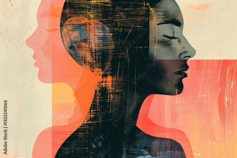 Aufkleber layered abstract figures create captivating visual depth with muted warm tones in a grainy retro sty