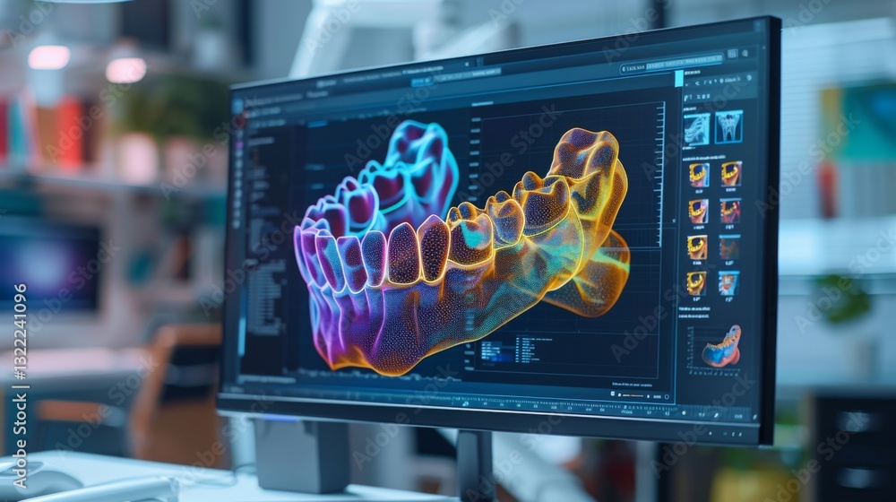 Poster a detailed 3d visualization of a human jaw structure, is shown on a computer screen in a contemporar
