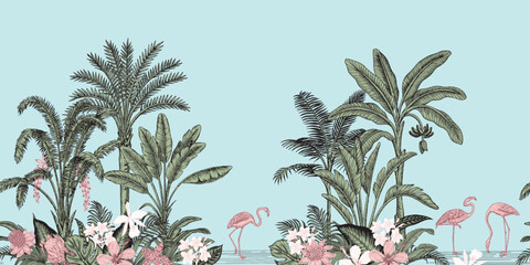 Jungle island toile seamless border. Tropical palm tree, banana, orchid, hibiscus flower, palm leaves, pink flamingo wallpaper. © good_mood