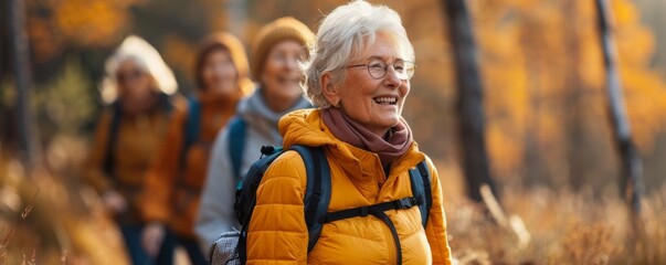 Senior women joyfully hiking together in vibrant fall landscape, embracing active and healthy aging lifestyle