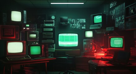 Numerous vintage televisions illuminate a dark room with green and red lighting