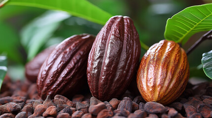 Lush green leaves cradle cocoa pods, showcasing their rich brown skin and unique shapes. This tropical arrangement highlights the beauty of nature in a warm, inviting environment