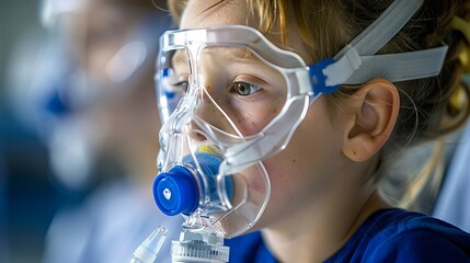 Little girl in hospital receiving treatment with nebulizer and oxygen mask for respiratory illness