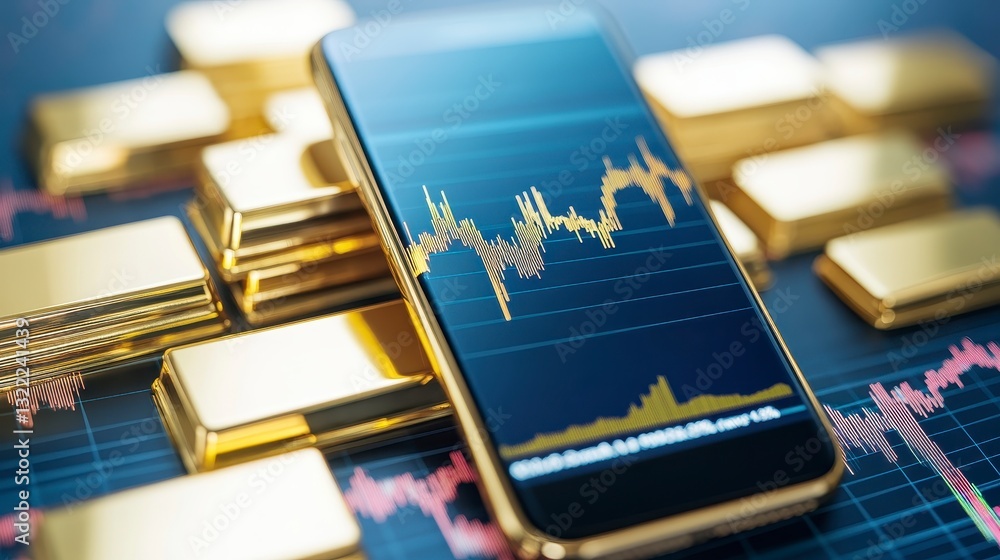 Poster smartphone displaying a gold price graph rests on a stack of gold bars, set against a backdrop of fi