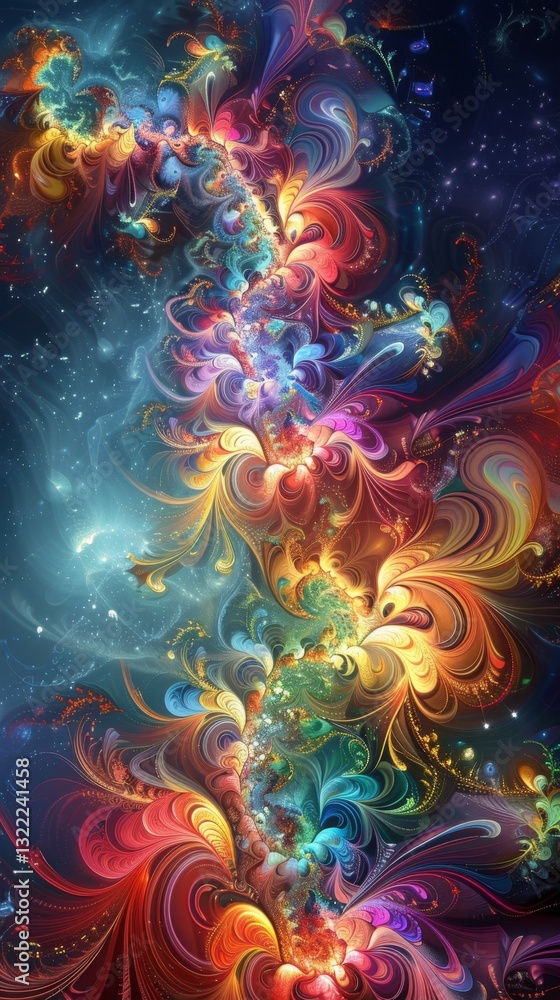Poster psychedelic explosion of swirling fractals in vibrant colors creating a surreal cosmic atmosphere