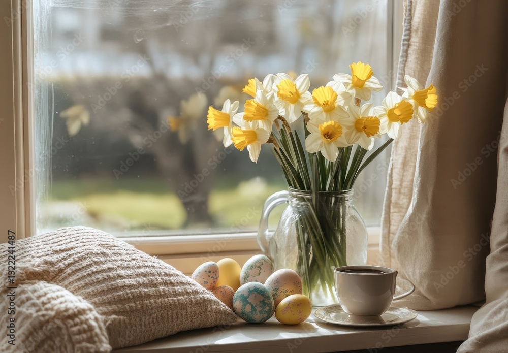 Aufkleber Spring Window View with Daffodils and Colorful Easter Eggs on a Cozy Windowsill with a Cup of Coffee in Natural Light