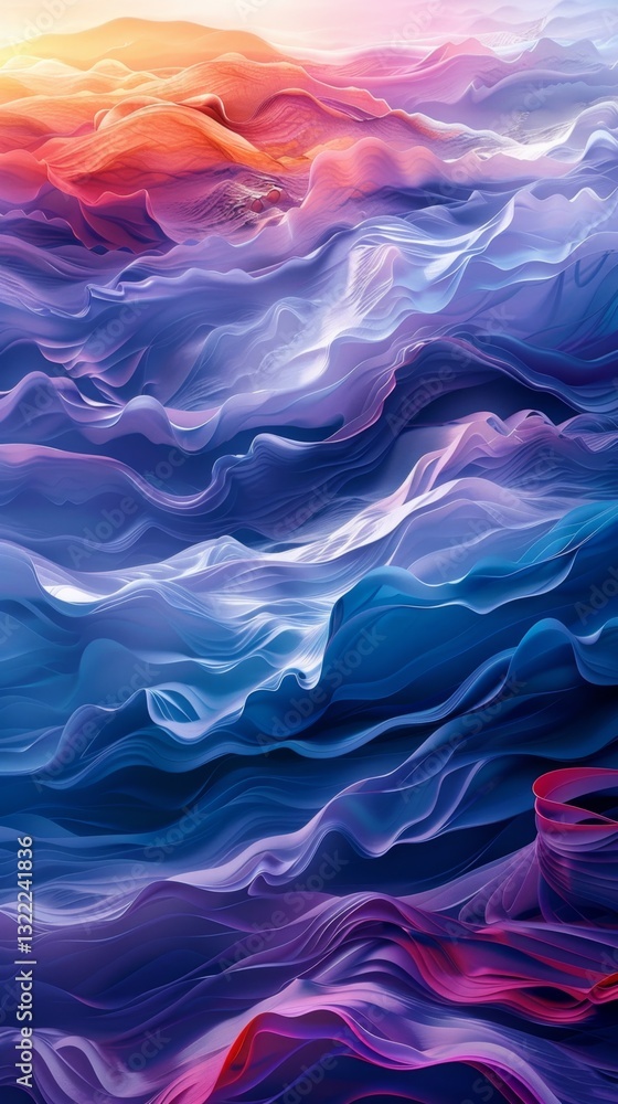 Poster surreal abstract landscape with fluid color gradients transitioning between soft purples, blues, and